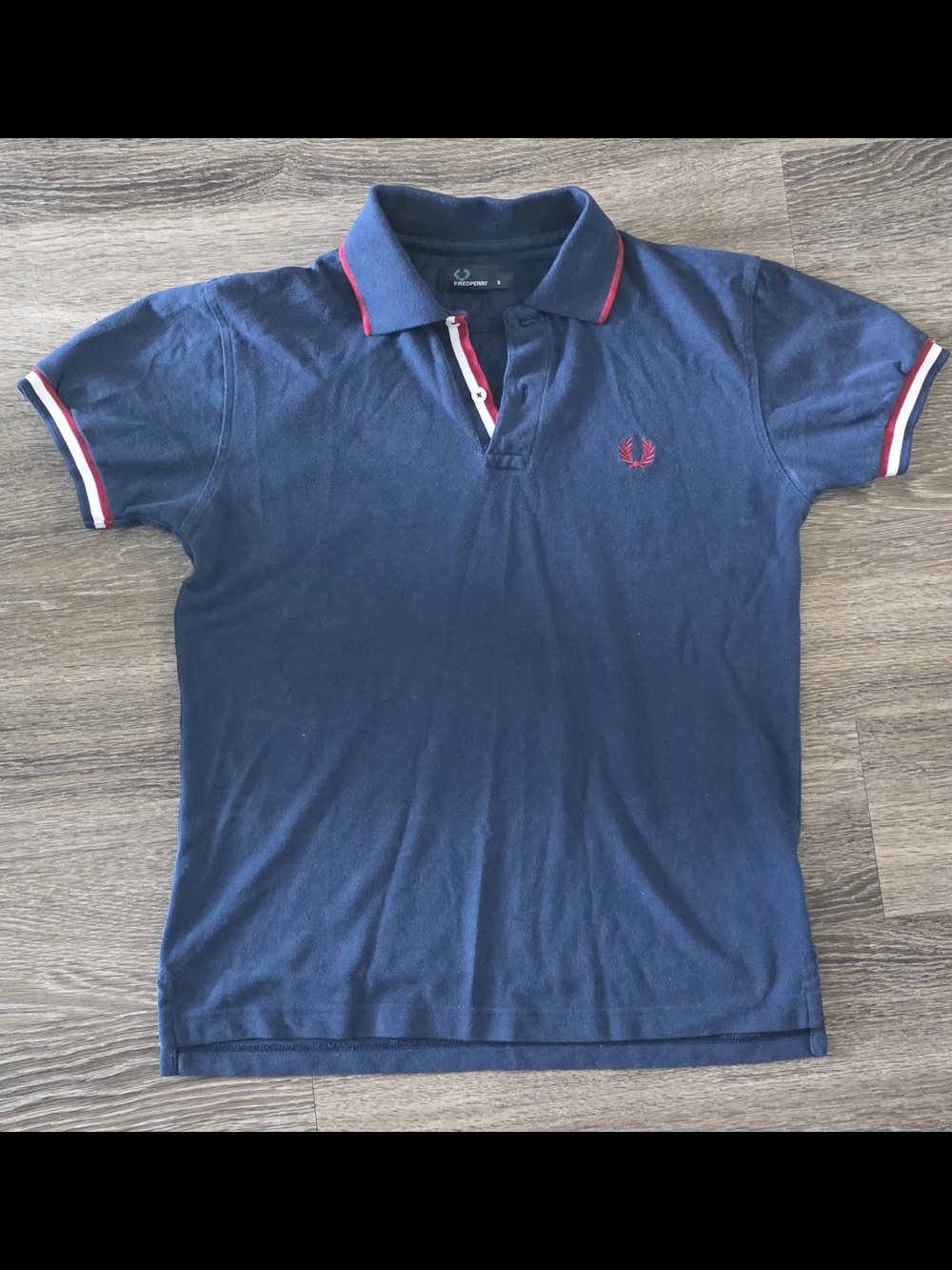Fred Perry Navy Polo Shirt with Red and White Trim Size S